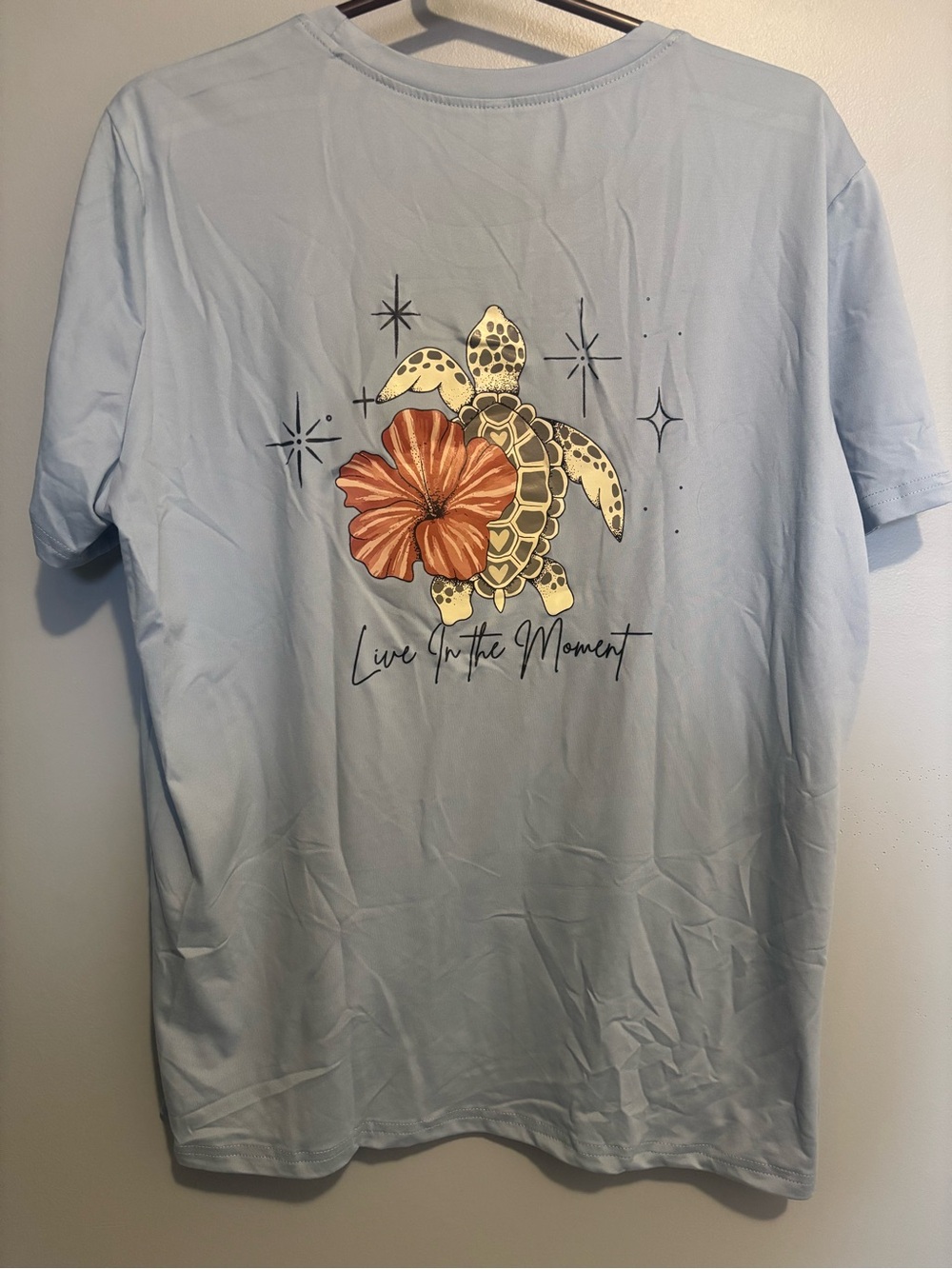 SHEIN Light Blue Tee with Sea Turtle & Orange Flower Graphic